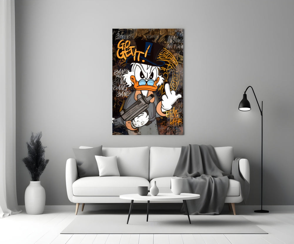 Close-up detail of Scrooge with Uzi and Go Get It typography behind glass