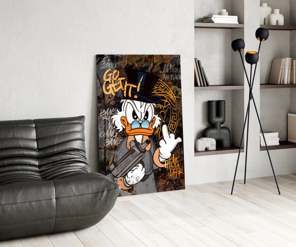 Pop-graffiti glass print bringing rebel edge to a man cave