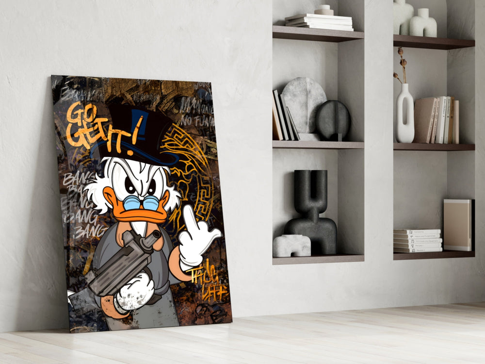 Cartoon-luxury panel against a black-and-bronze painted accent wall