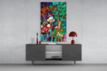 Cash Harvest glass wall art catching light to reveal its layered LV tags