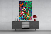 Cash Harvest glass wall art catching light to reveal its layered LV tags