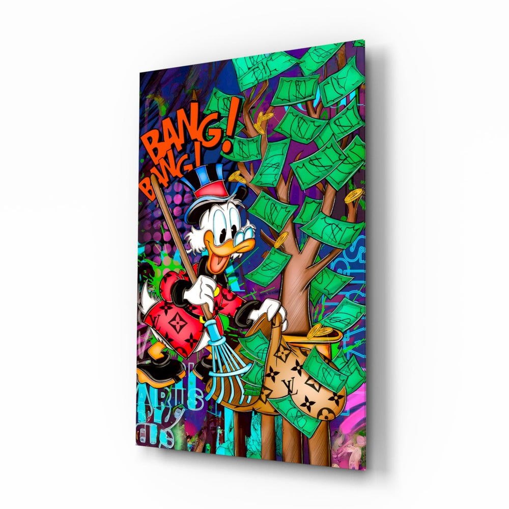 Scrooge Cash Harvest pop-graffiti glass wall art in a modern executive office