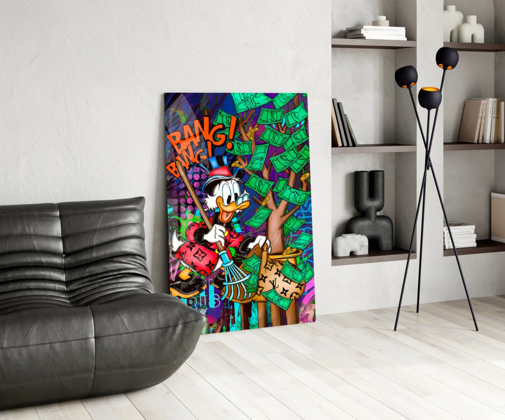 Pop-graffiti glass print bringing hustle edge to a man cave