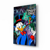 Luxury Rebel Scrooge pop-graffiti glass wall art in a modern executive office