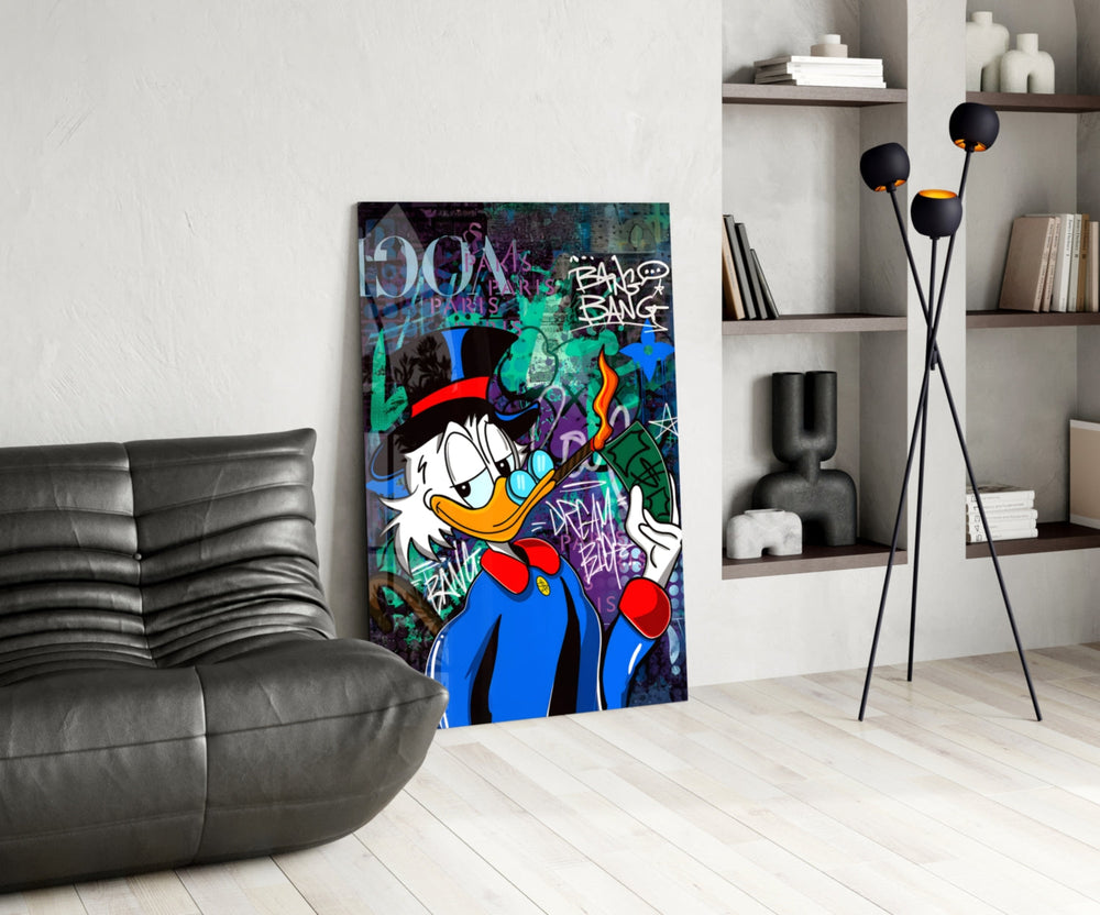 Pop-graffiti glass print bringing rebel edge to a man cave