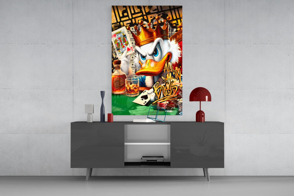 King of Poker glass wall art catching light to reveal its baroque depth