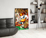 Pop-graffiti glass print bringing casino edge to an executive office