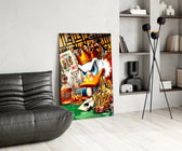 Pop-graffiti glass print bringing casino edge to an executive office