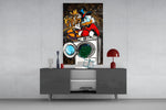Money Laundering glass wall art catching light to reveal its layered tags