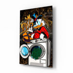 Scrooge Money Laundering pop-graffiti glass wall art in a modern executive office