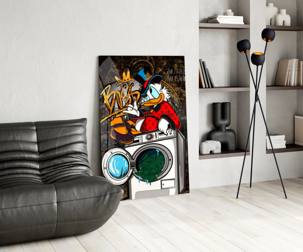 Pop-graffiti glass print bringing humor to a man cave