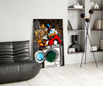 Pop-graffiti glass print bringing humor to a man cave
