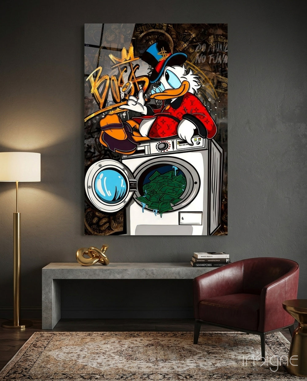 Scrooge's Money Laundering Glass Wall Art || Designer Collection - Lifestyle preview in a designer interior