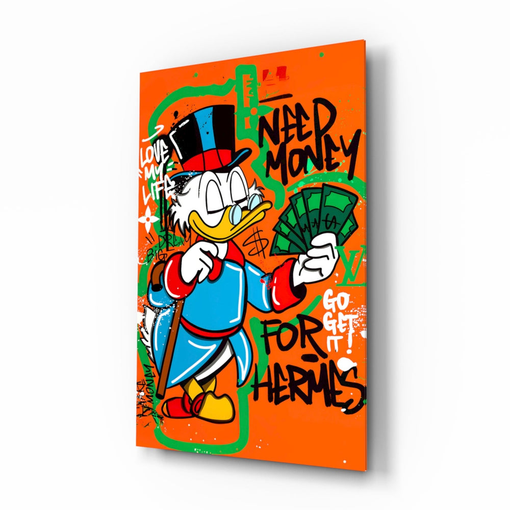 Hermès Scrooge pop-graffiti glass wall art in a modern executive office