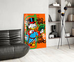 Pop-graffiti glass print bringing wit to a man cave