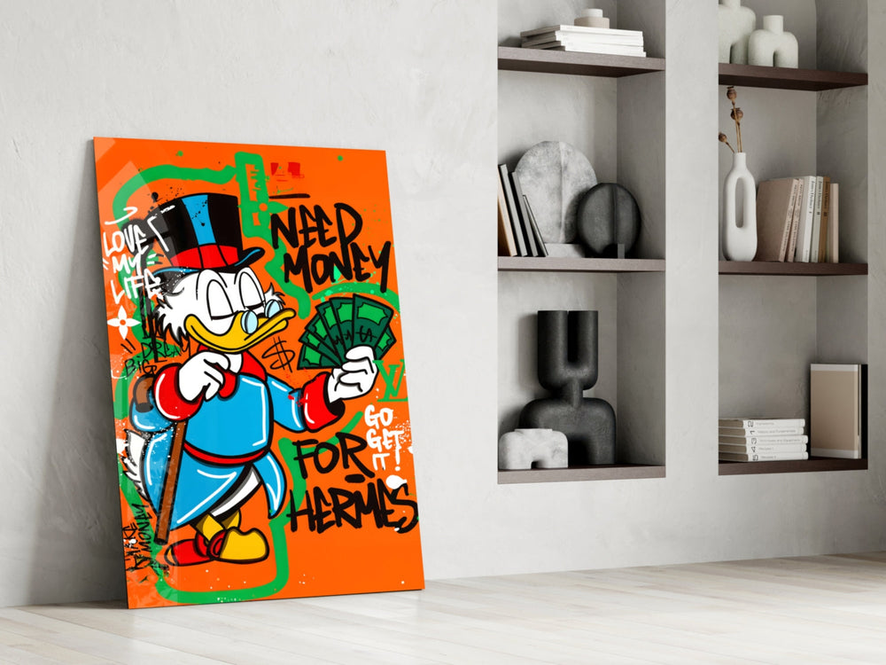 Cartoon-luxury panel against a saturated tangerine accent wall