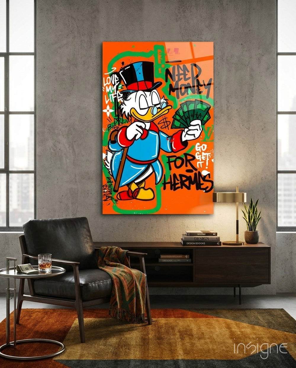 Hermes' Scrooge Glass Wall Art || Designer Collection - Lifestyle preview in a designer interior
