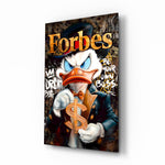 Forbes Scrooge pop-graffiti glass wall art in a modern executive office