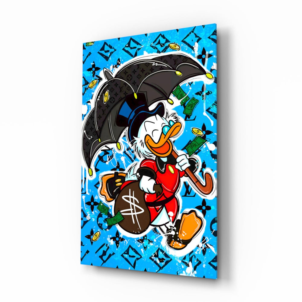 Scrooge Money Rain pop-graffiti glass wall art in a modern executive office