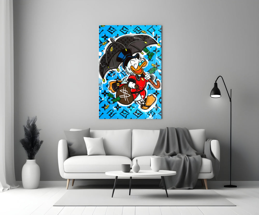 Close-up detail of Scrooge with LV umbrella and falling cash behind glass