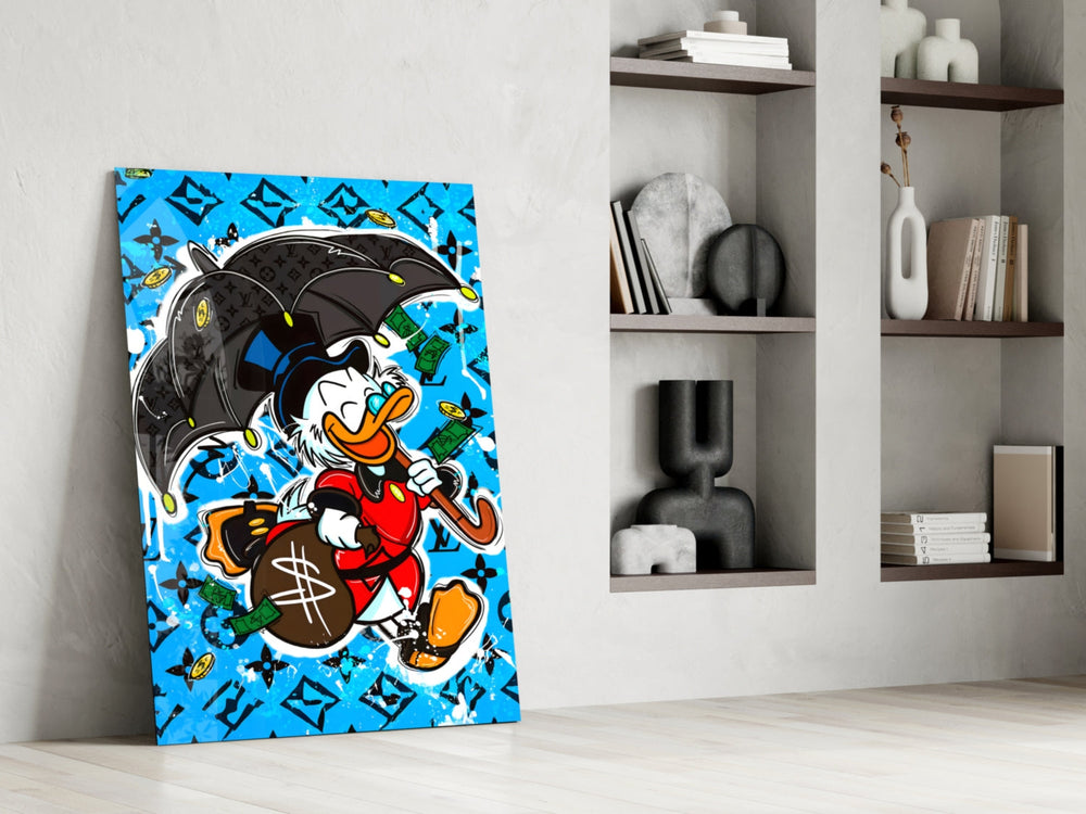 Cartoon-luxury panel against a saturated cobalt-painted accent wall