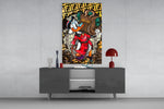 Donald Work Hard glass wall art catching light to reveal its layered tags
