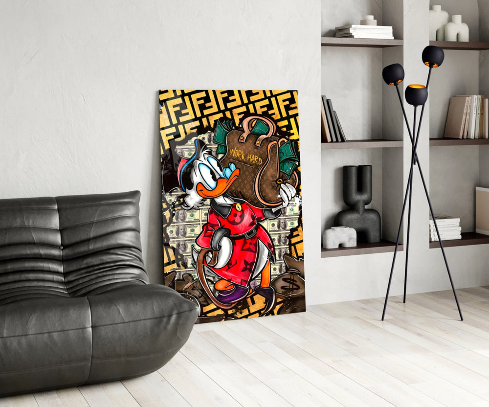 Pop-graffiti glass print bringing hustle edge to a man cave