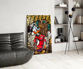 Pop-graffiti glass print bringing hustle edge to a man cave