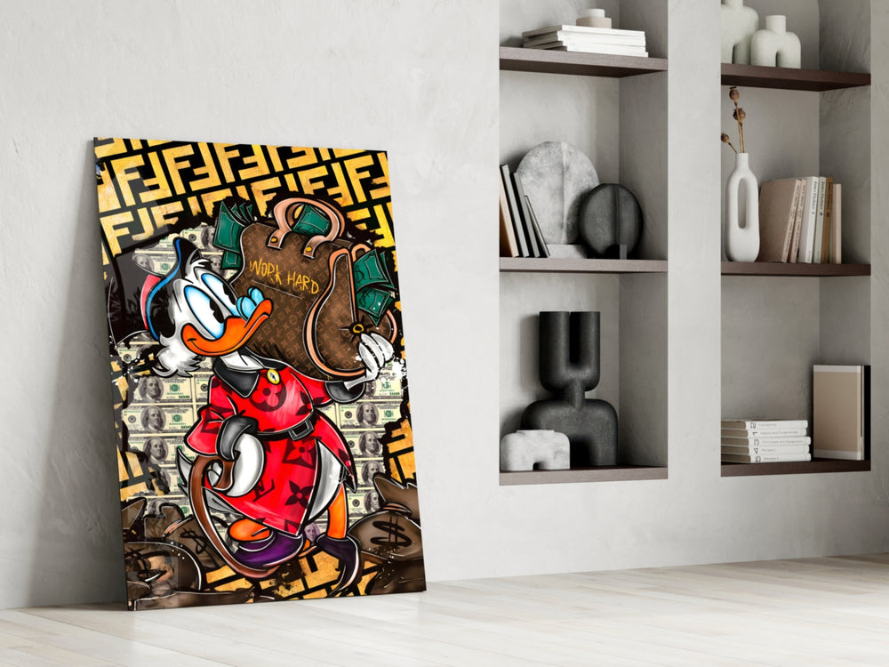 Cartoon-luxury panel against a saturated marigold-painted accent wall