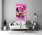 Close-up detail of Minnie with champagne and Chanel graffiti behind glass