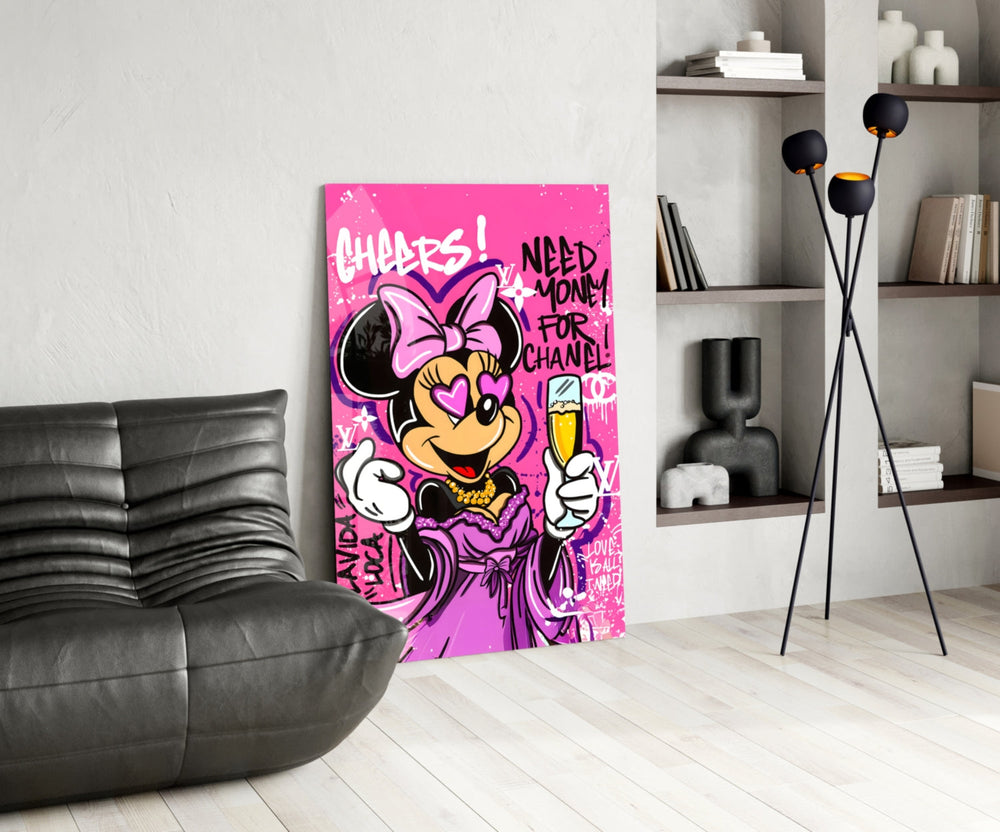 Pop-graffiti glass print bringing girls'-night vibe to a designer's office