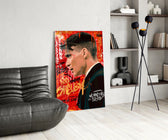 Pop-graffiti glass print bringing edge to a man cave