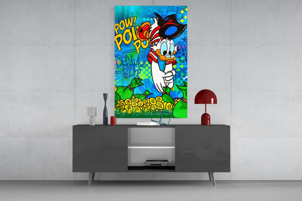Donald Money Man glass wall art catching light to reveal its layered tags