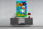 Donald Money Man glass wall art catching light to reveal its layered tags