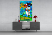 Donald Money Man glass wall art catching light to reveal its layered tags