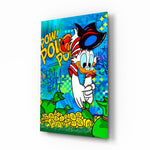 Donald Money Man pop-graffiti glass wall art in a modern executive office