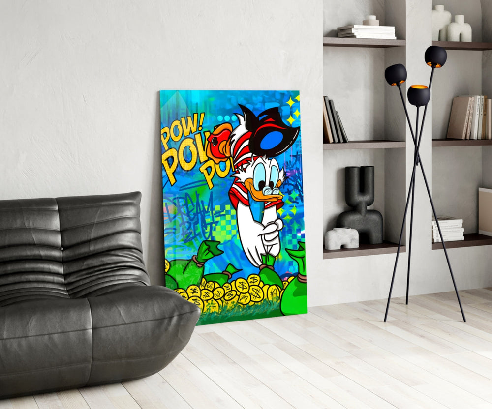 Pop-graffiti glass print bringing hustle edge to a man cave