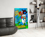 Pop-graffiti glass print bringing hustle edge to a man cave