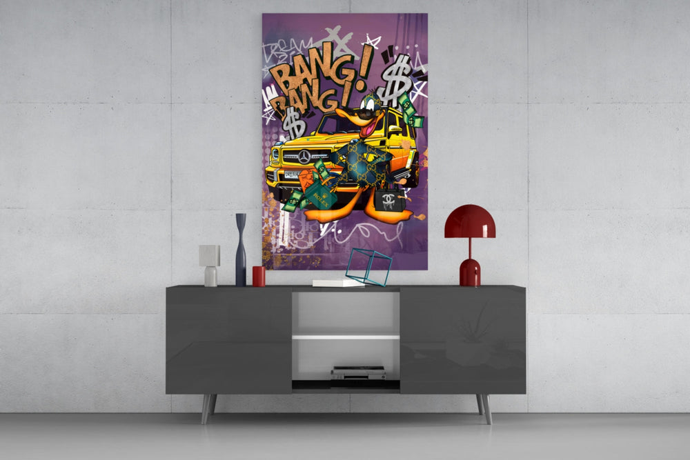 Daffy Luxury and Speed glass wall art catching light to reveal its layered tags