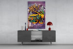 Daffy Luxury and Speed glass wall art catching light to reveal its layered tags