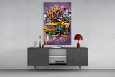 Daffy Luxury and Speed glass wall art catching light to reveal its layered tags