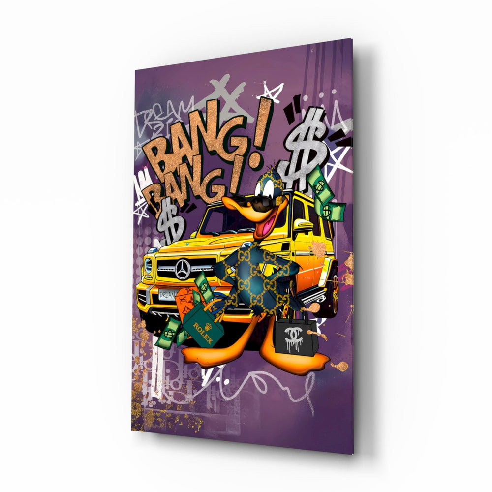 Daffy Luxury and Speed pop-graffiti glass wall art in a modern executive office