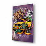 Daffy Luxury and Speed pop-graffiti glass wall art in a modern executive office