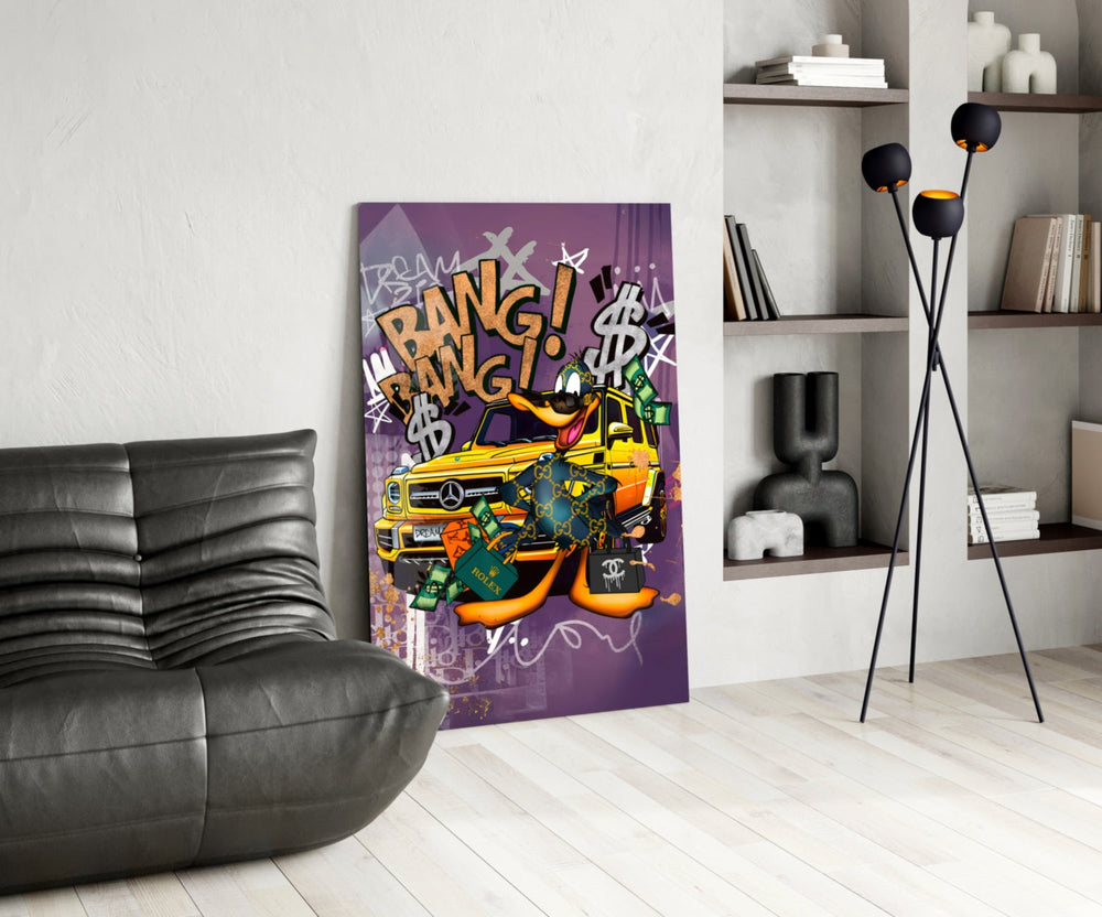 Pop-graffiti glass print bringing swagger to a man cave