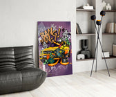 Pop-graffiti glass print bringing swagger to a man cave
