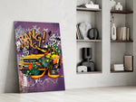 Cartoon-luxury panel against a moody violet-painted accent wall