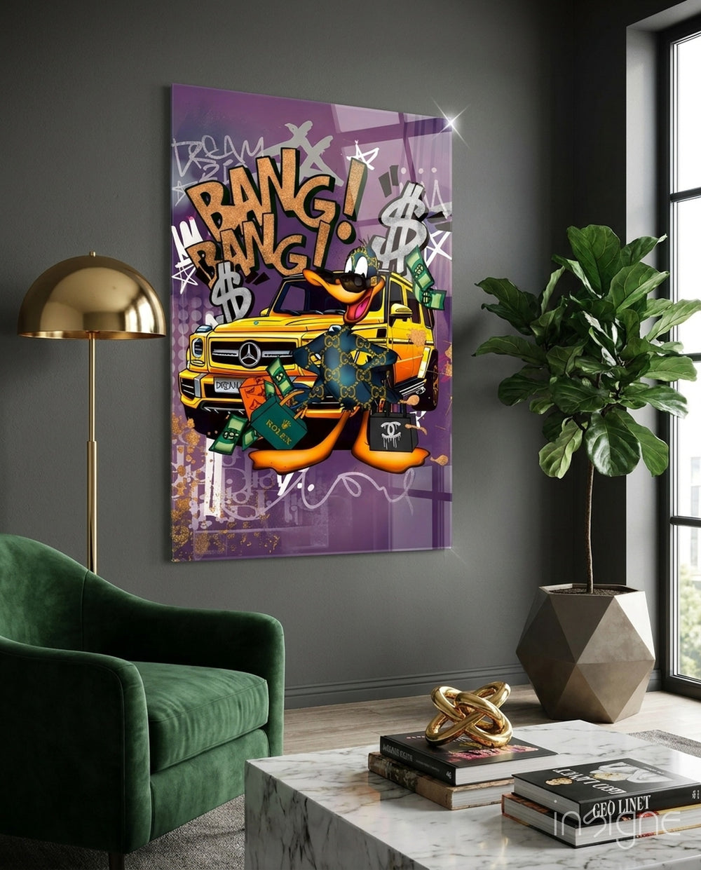 Daffy Luxury and Speed Glass Wall Art || Designer Collection - Lifestyle preview in a designer interior