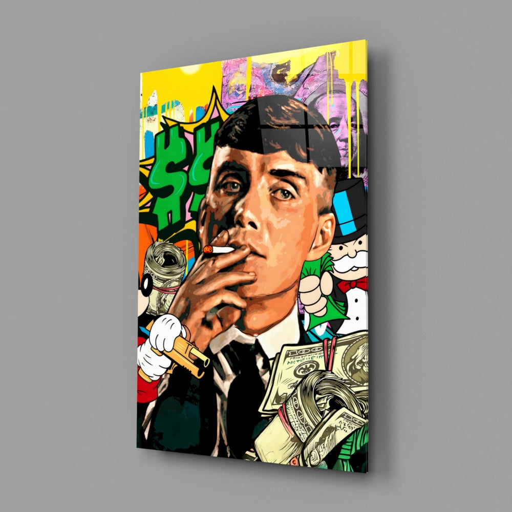 Designer-collection gangster panel anchoring a wood-paneled study wall