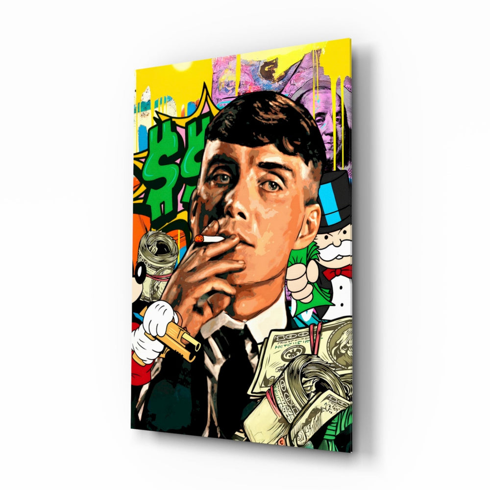 Tommy Shelby Money and Power pop-graffiti glass wall art in a modern executive office
