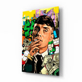 Tommy Shelby Money and Power pop-graffiti glass wall art in a modern executive office